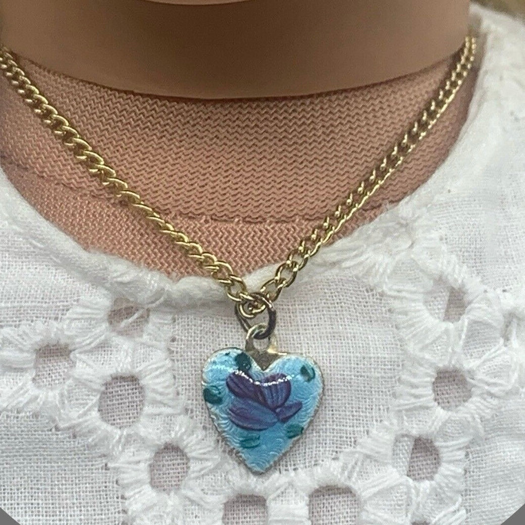 Blue Enamel Heart Rose Design Doll Necklace • 18 Inch Fashion Doll Jewelry