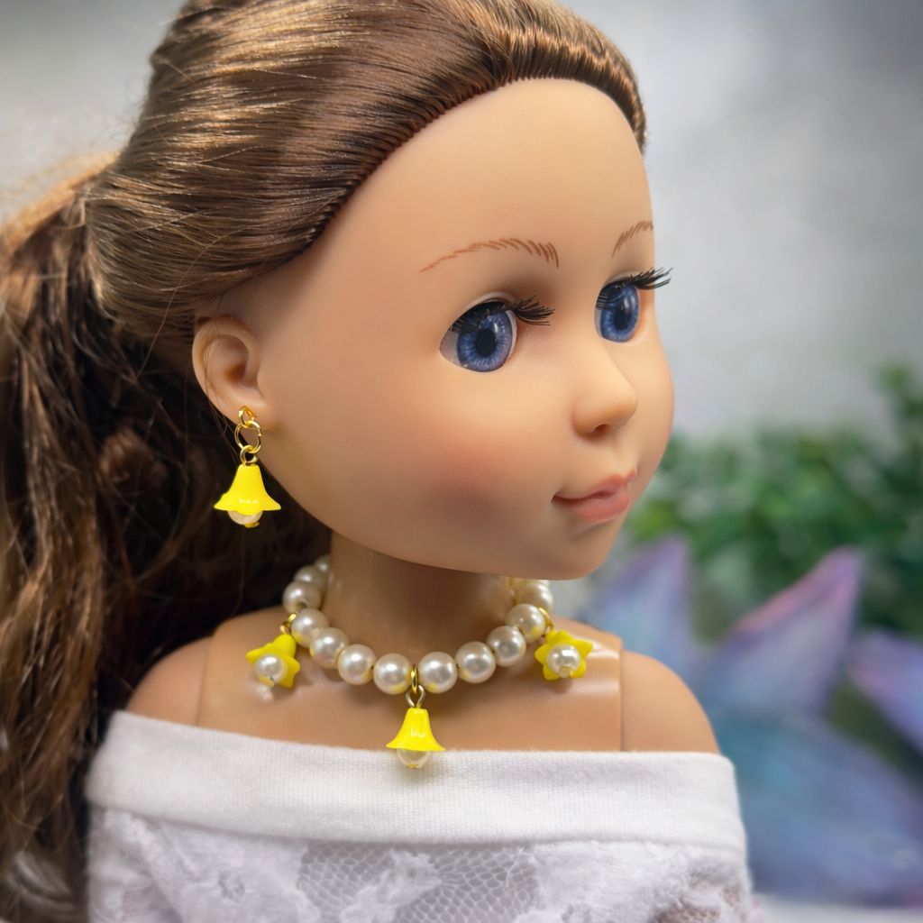 Light Yellow Bell Flower Dangle Pearl Beaded Doll Necklace & Earring • 14 Inch Fashion Doll Jewelry