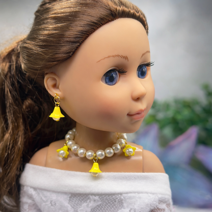 Light Yellow Bell Flower Dangle Pearl Beaded Doll Necklace & Earring • 14 Inch Fashion Doll Jewelry