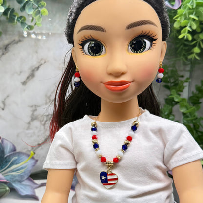 Red White Blue Beaded Heart Charm American Flag Doll Necklace & Earrings for 18 Inch Fashion Doll
