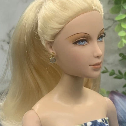 Round Blue Crystal Gold Dangle Doll Earrings •  16” Doll Jewelry