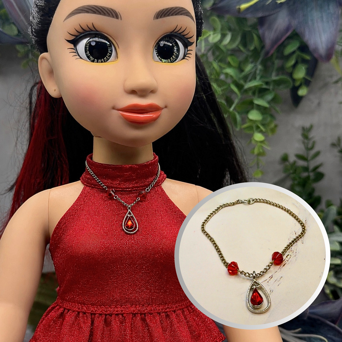 Red Glass Crystal Teardrop Rhinestone Pendant Silver Chain Doll Necklace • 18 Inch Fashion Doll Jewelry