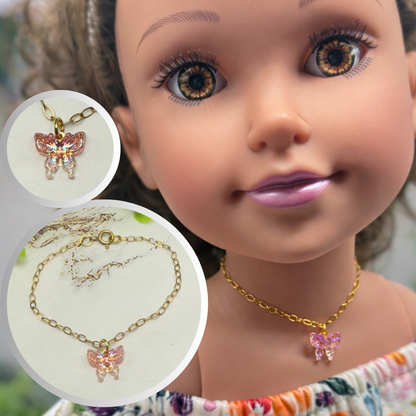 Pink Acrylic Butterfly Charm Gold Chain Doll Necklace • 18 Inch Fashion Doll Jewelry