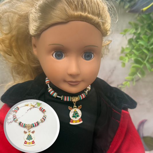 Christmas Snow Globe Charm Acrylic Beaded White Fabric Cord Doll Necklace • 18 Inch Fashion Doll Jewelry