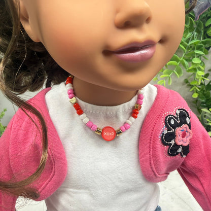 XOXO Pink Red White Beaded Doll Necklace Valentine’s Day• 18 Inch Fashion Doll Jewelry