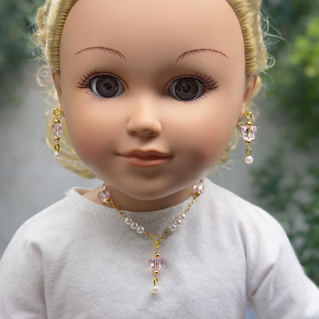Pink Acrylic Crystal Butterfly & Pearl Gold Doll Necklace & Earrings • 18 Inch Fashion Doll Jewelry