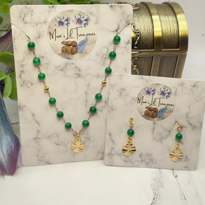 Green Beaded Chain Gold Clover Charm Doll Necklace & Earrings • 18 Inch Fashion Doll Jewelry