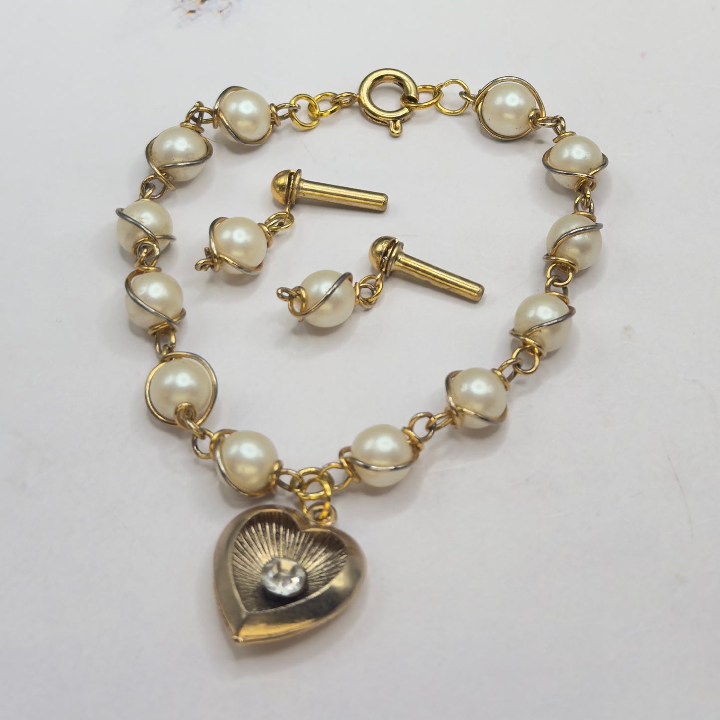 Pearl Beaded Gold Heart Rhinestone Center Necklace & Earrings • 18 Inch Fashion Doll Jewelry