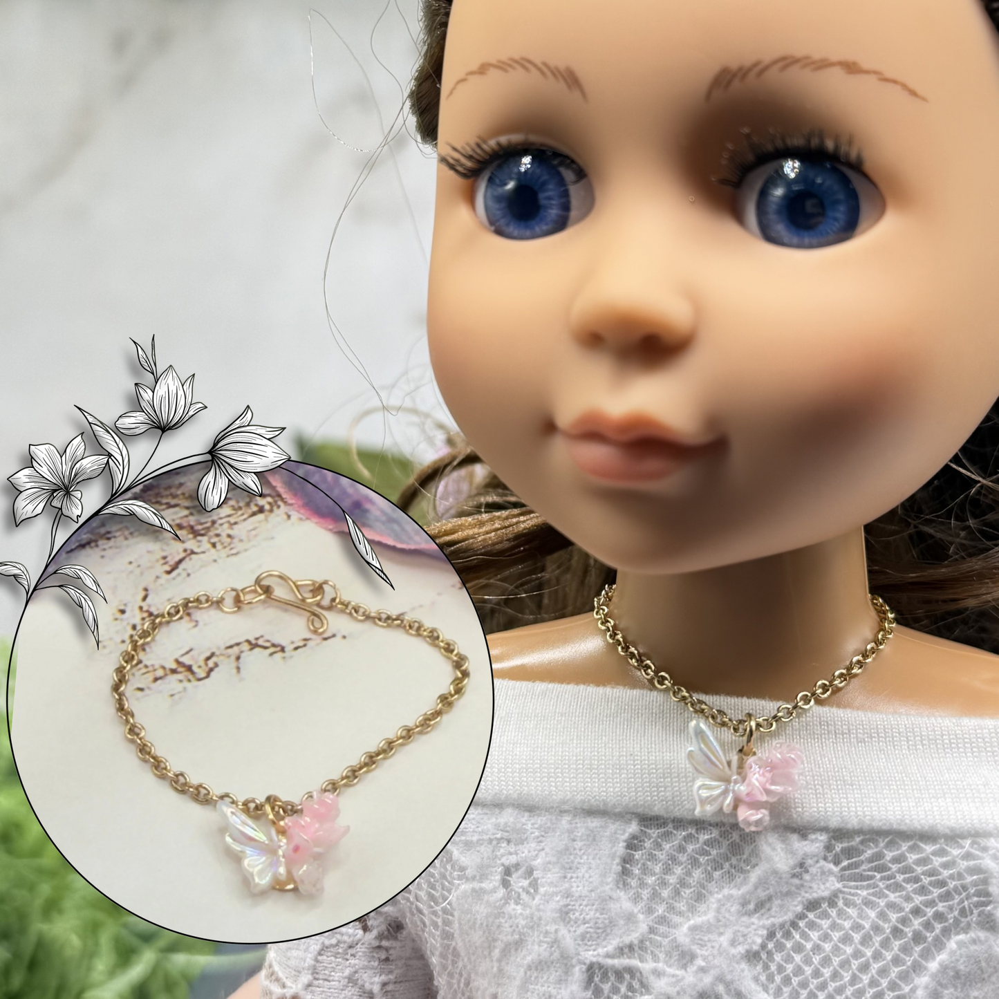 Pink & White Acrylic Butterfly Roses Charm Gold Chain Doll Necklace • 14 Inch Fashion Doll Jewelry