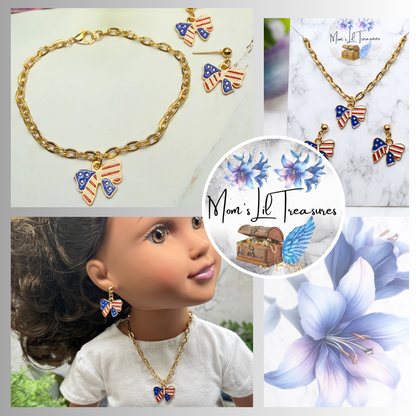 American Flag Bow Charm (Red White Blue) Doll Necklace & Earrings for 18 Inch Fashion Doll