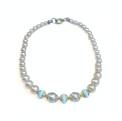 Pearl & Baby Blue Glass Bead Doll Necklace • 18-22” Vintage Doll Jewelry