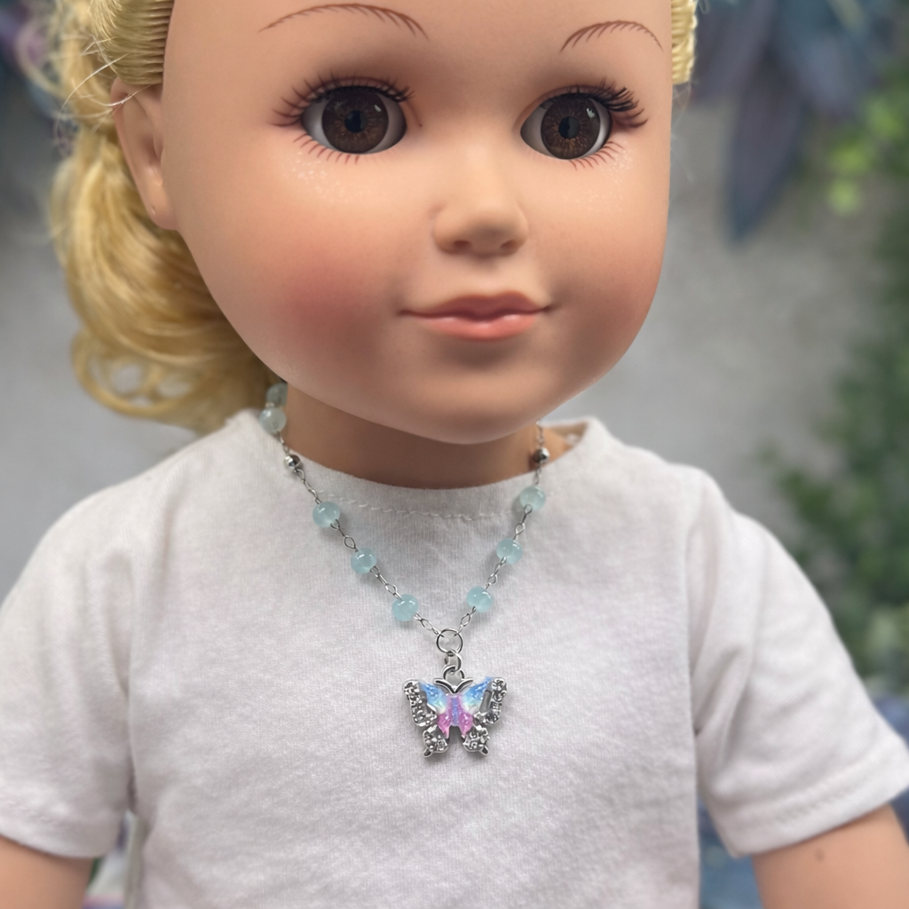 Blue Purple Butterfly Charm Light Blue Beaded Doll Necklace • 18 Inch Fashion Doll Jewelry
