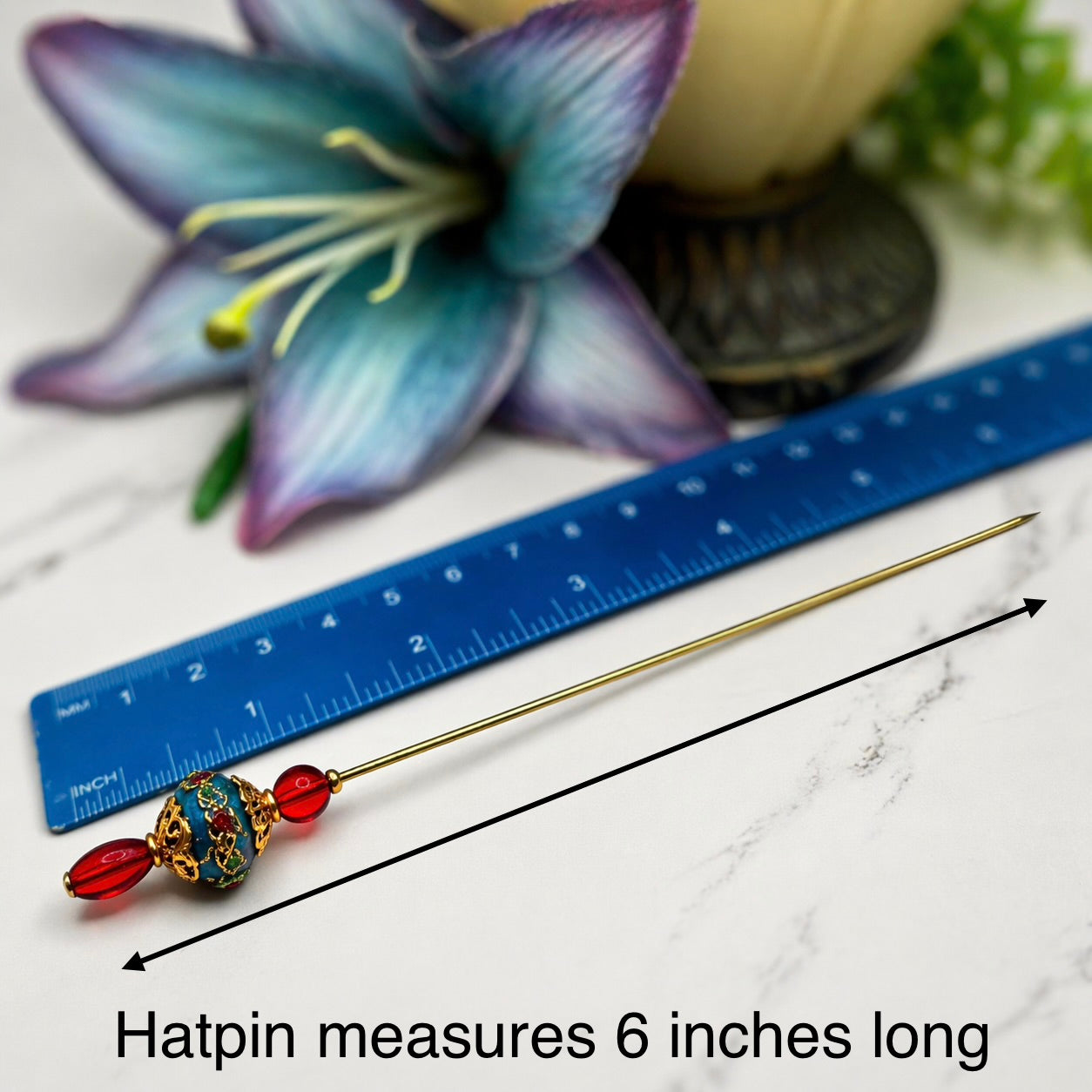 Red Lucite Blue Green Cloisonné Floral Design Gold Filigree Hatpin • 6 Inch
