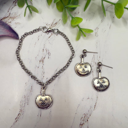 Silver Pumpkin Jack-O-Lantern Halloween Charm Doll Necklace and Earrings Set • 18 Inch Fashion Doll Jewelry