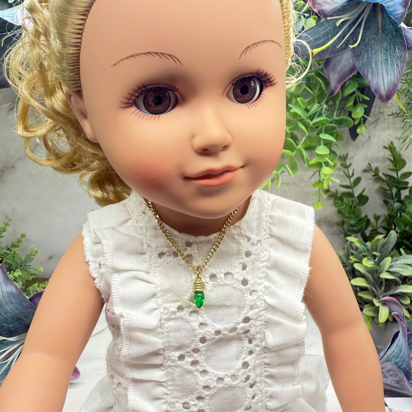 Green Christmas Light Charm Gold Doll Necklace • 18 Inch Fashion Doll Jewelry