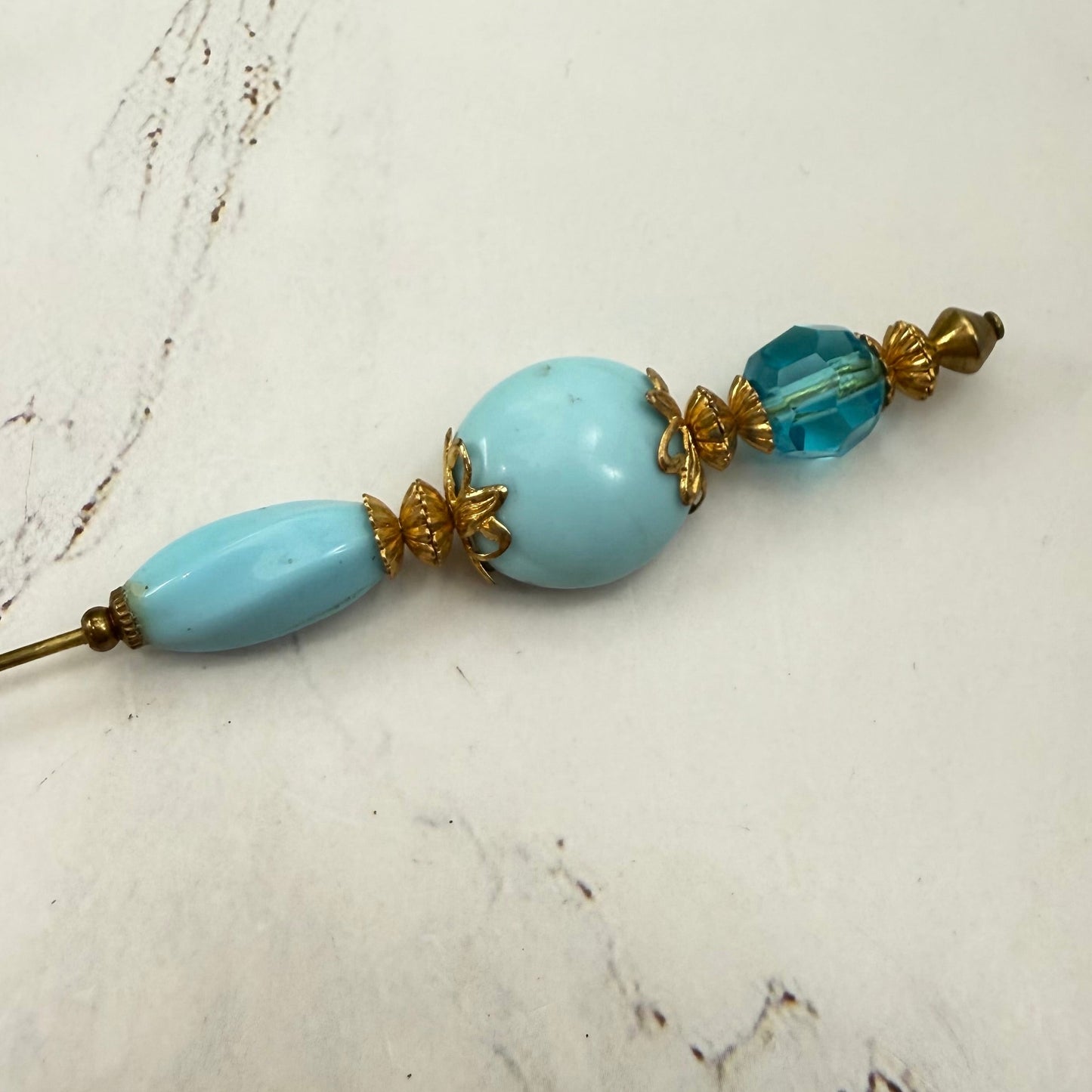 Robin’s Egg Blue Aqua Glass Bead Gold Filigree - 8 Inch Hatpin