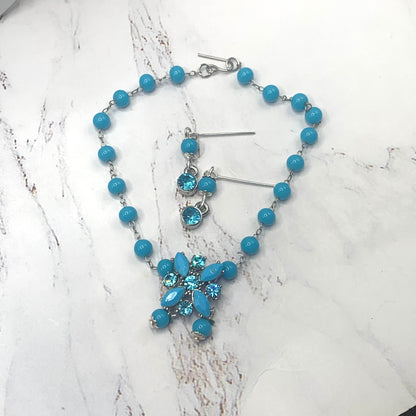 Blue Turquoise Bead Rhinestone Pendant Necklace Earring Set 18-22” Doll  Jewelry