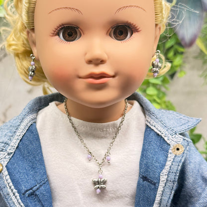 Silver Butterfly Light Purple Bead Accent Charm Doll Necklace & Earrings • 18 Inch Fashion Doll Jewelry