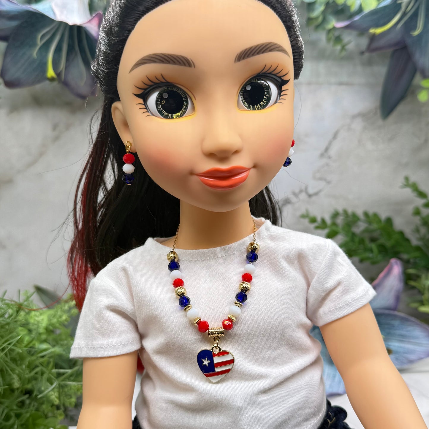 Red White Blue Beaded Heart Charm American Flag Doll Necklace & Earrings for 18 Inch Fashion Doll