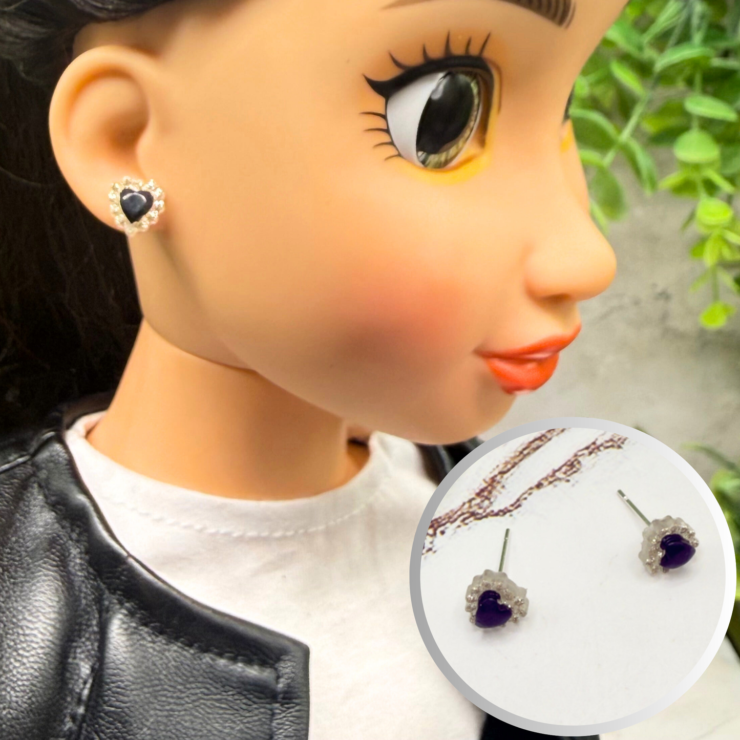 Black Center Glittery Ruffled Heart Post Doll Earrings • 18 Inch Fashion Doll Jewelry