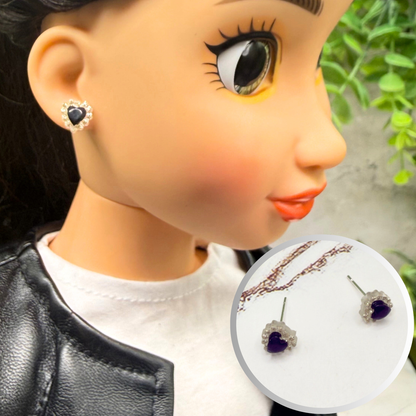 Black Center Glittery Ruffled Heart Post Doll Earrings • 18 Inch Fashion Doll Jewelry