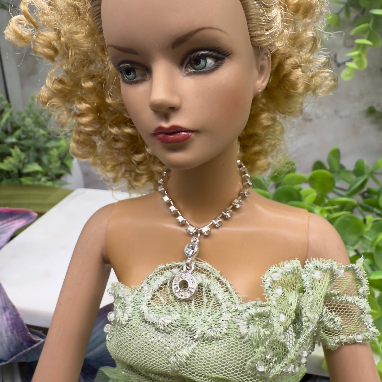 Round Drop Pendant Clear Rhinestone Chain Doll Necklace • 16” Doll Jewelry