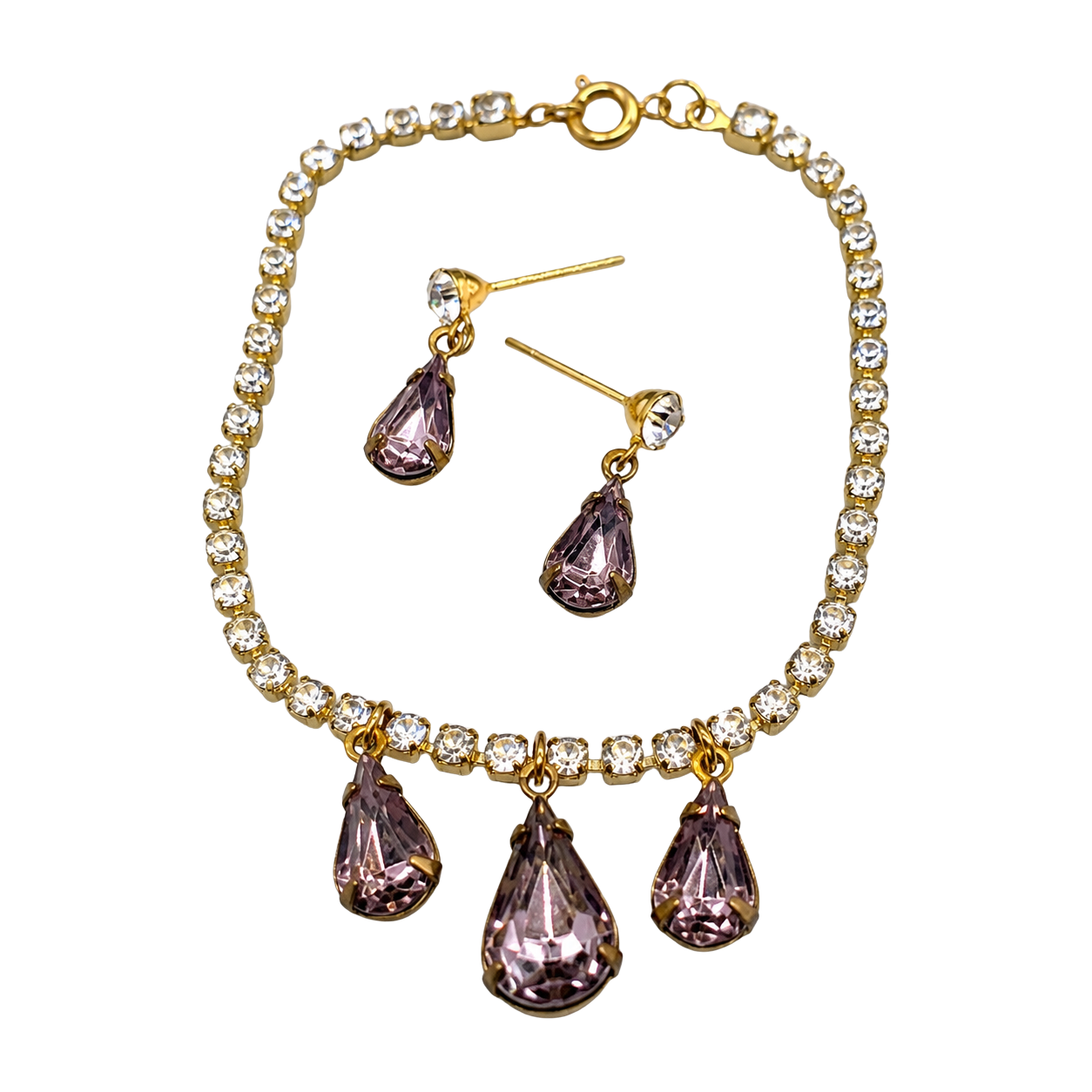Teardrop Rhinestone Gold Doll Necklace Earrings Set 18-22” Vintage Doll Jewelry