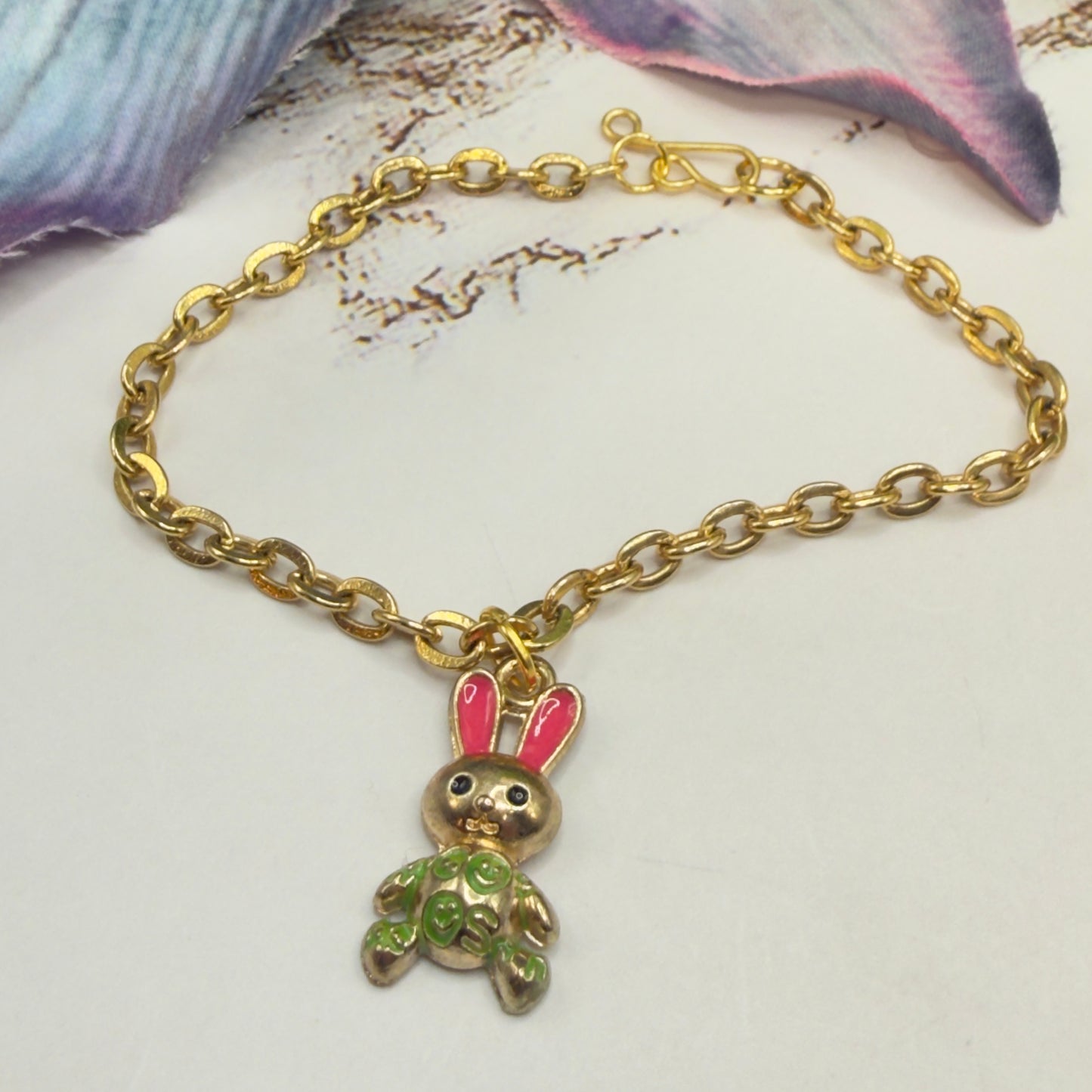Bunny Pink & Green Enamel Detail Charm Doll Necklace Easter • 18 Inch Fashion Doll Jewelry