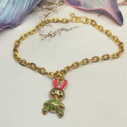 Bunny Pink & Green Enamel Detail Charm Doll Necklace Easter • 18 Inch Fashion Doll Jewelry