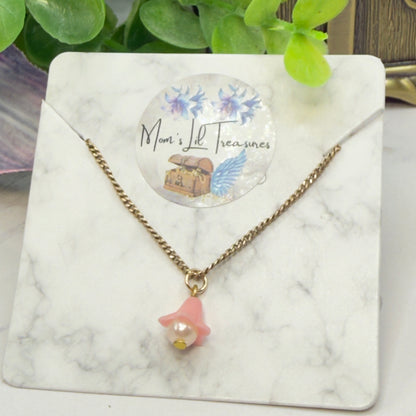 Pink Bell Flower Pearl Center Charm Gold Chain Doll Necklace • 14 Inch Fashion Doll Jewelry