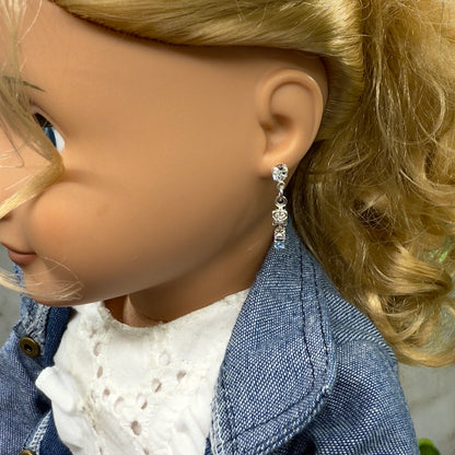 Blue & Clear Rhinestone Silver Dangle Post Doll Earrings • 18” Doll Jewelry