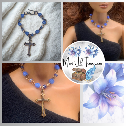 Blue Glass Cross Pendant Doll Necklace • 16 Inch Fashion Doll Jewelry