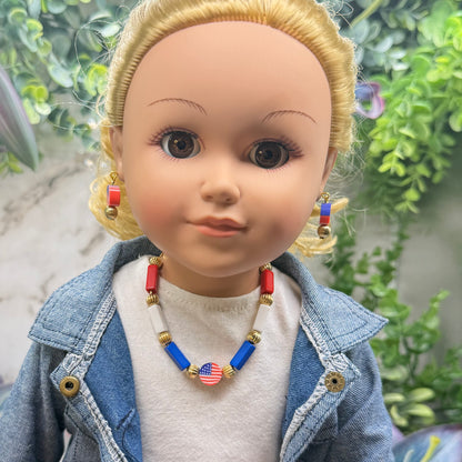 Red White Blue Beaded American Flag Charm Doll Necklace & Earrings Set for 18 Inch Fashion Doll