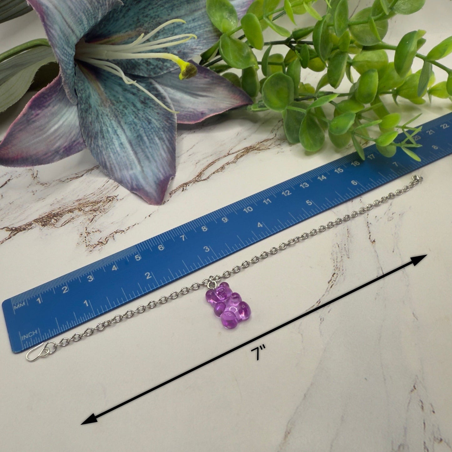 Translucent Purple Gummy Teddy Bear Charm Doll Necklace • 18 Inch Fashion Doll Jewelry