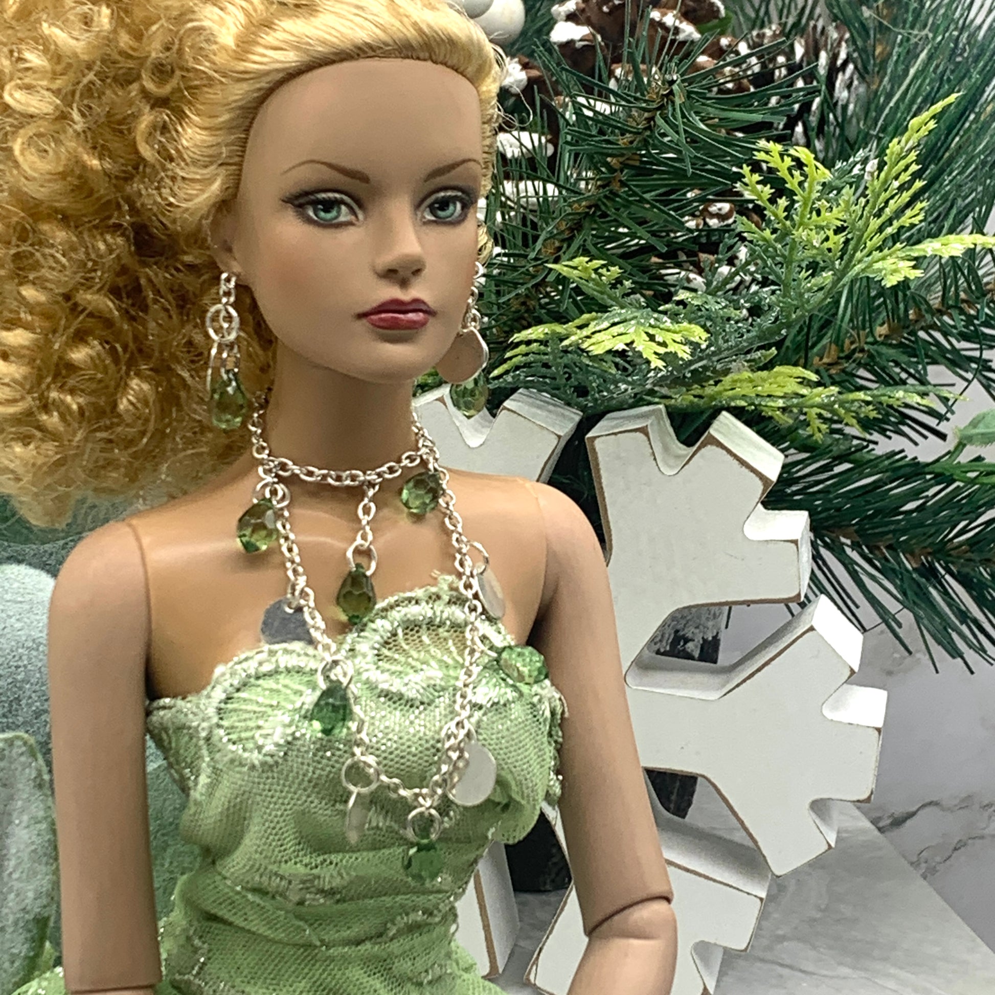 Green Clear Acrylic Crystal Silver Doll Necklace Earring Set • 16” Doll Jewelry