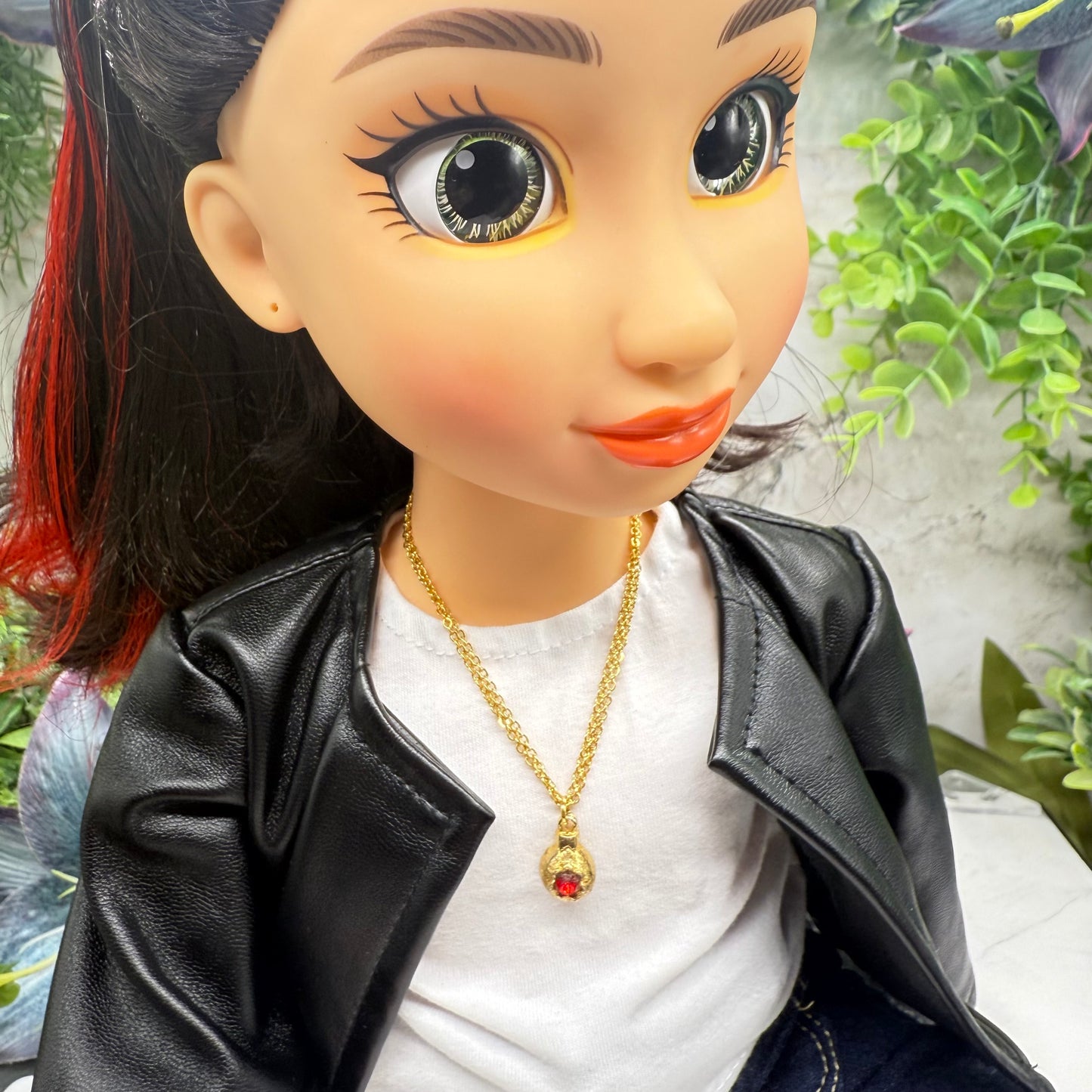 Gold Christmas Ornament Charm Red Rhinestone Doll Necklace • 18 Inch Fashion Doll Jewelry