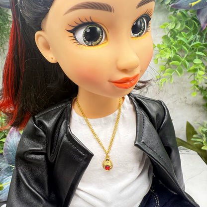 Gold Christmas Ornament Charm Red Rhinestone Doll Necklace • 18 Inch Fashion Doll Jewelry