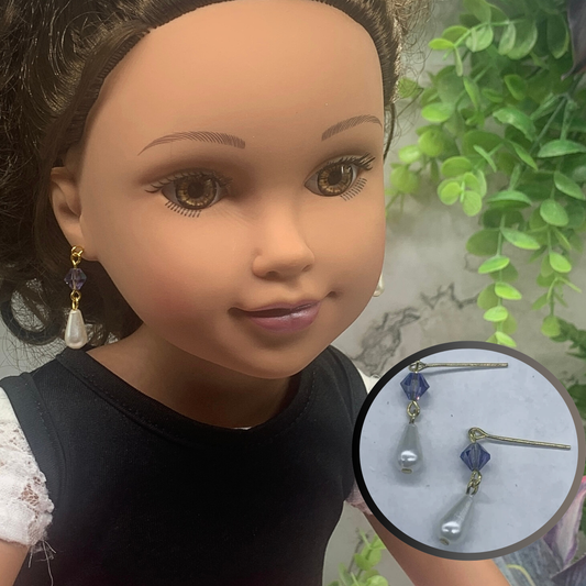 Purple Glass Crystal Teardrop Pearl Dangle Doll Earrings • 18 Inch Doll Jewelry