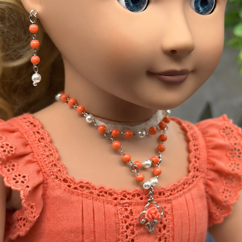 Coral Orange & Pearl Filigree Dangle Silver Doll Necklace & Earrings • 18 Inch Fashion Doll Jewelry