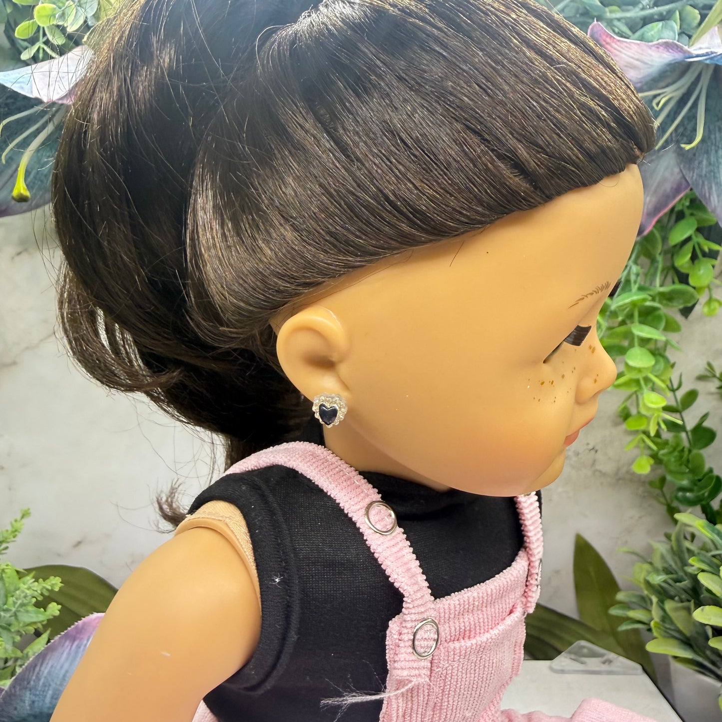 Black Center Glittery Ruffle Heart Post Doll Earrings • 2mm Post for 18 Inch Fashion Doll