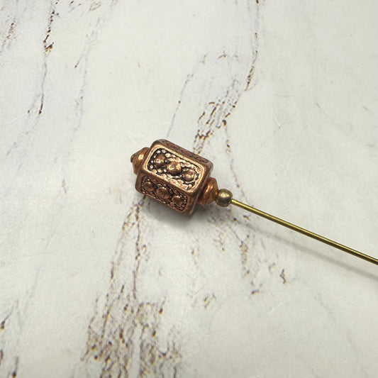 Copper Tone Geometric Filigree Lantern Shape Textured Design  Hatpin - 5.75 Inch