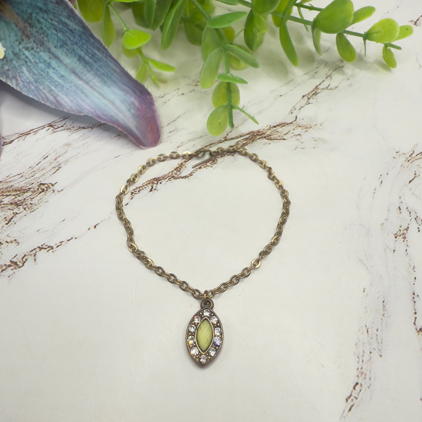 Oval Light Green Clear Rhinestone Pendant Gold Doll Necklace • 18 Inch Fashion Doll Jewelry