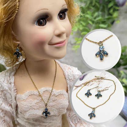 Dark & Light Blue Rhinestone Leaf Cluster Vintage Style Doll Necklace & Earrings • 18-22 Inch Fashion Vintage Doll Jewelry