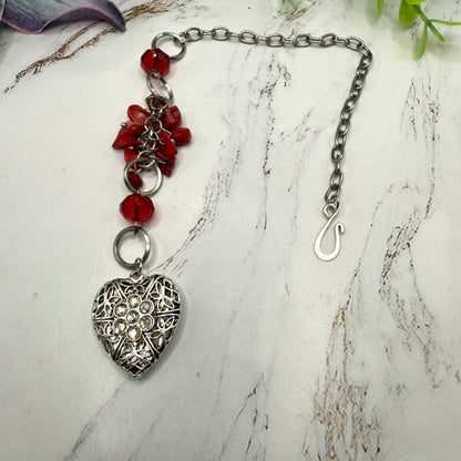 Red Stone Dangle Silver Heart Rhinestone Accents • Car Mirror Charm / Sun Catcher