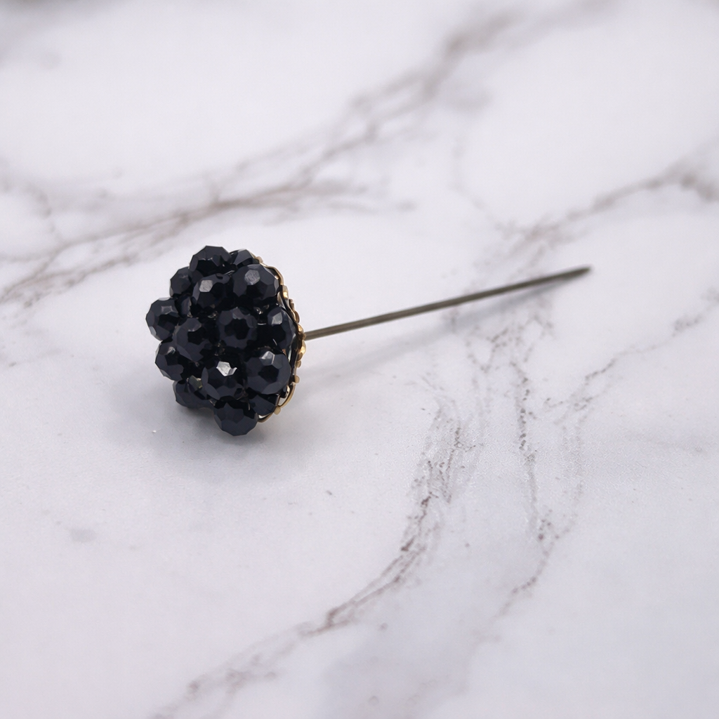 Hatpin - Stick Pin • Black Faceted Crystal Bead Cluster Gold Filigree Base - 3”