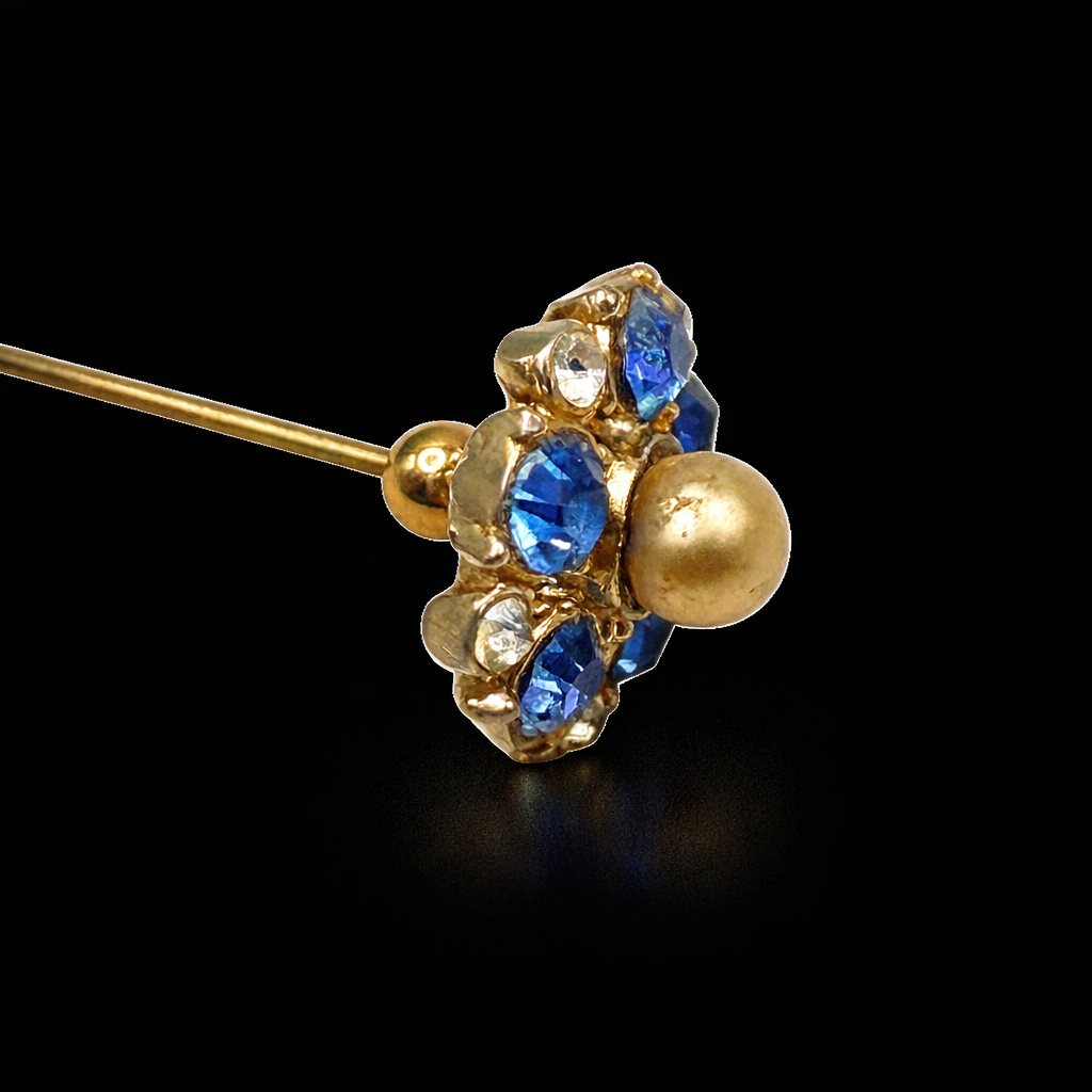 Blue & Clear Rhinestone Pearl Center Flower Design Gold Tone Stick Pin Hatpin