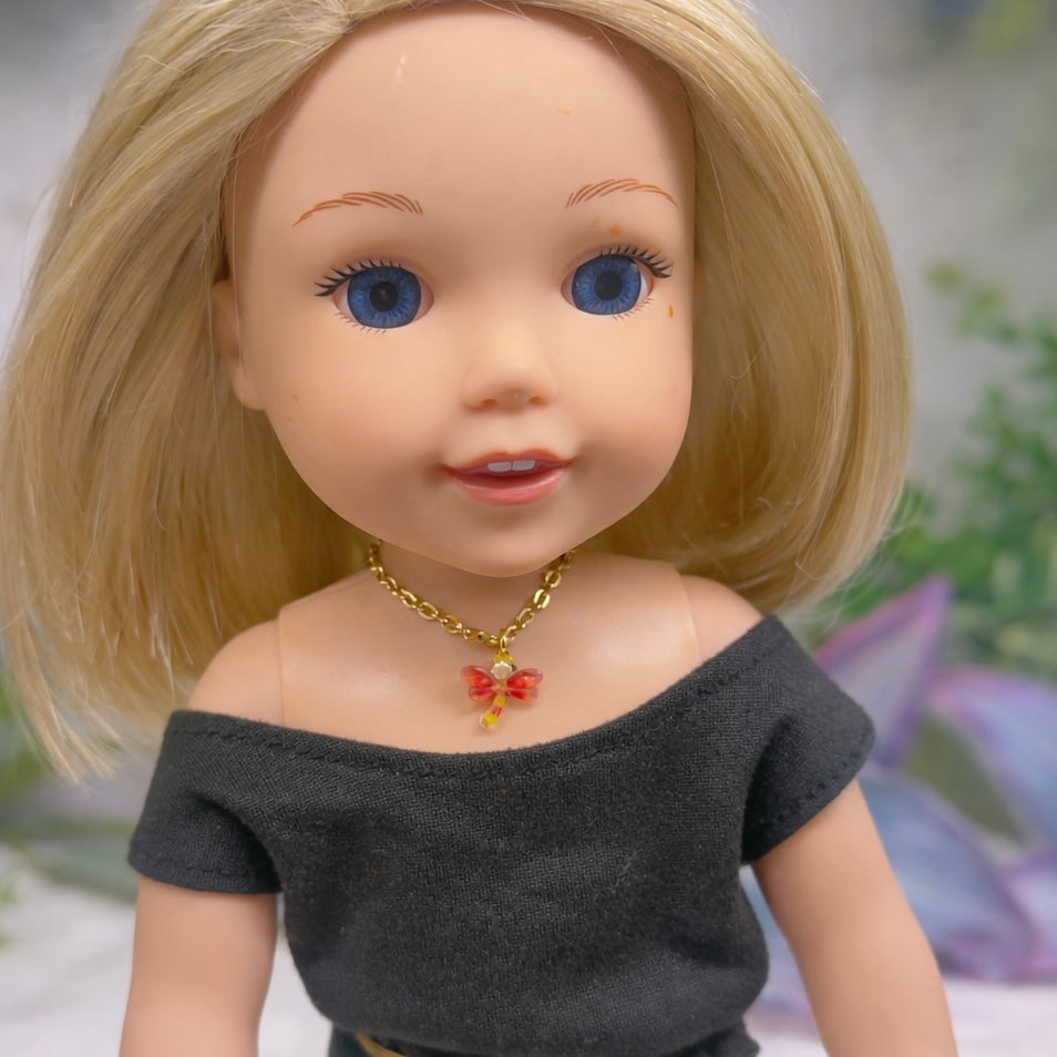 Yellow Orange Dragonfly Charm Gold Chain Doll Necklace • 14 Inch Fashion Doll Jewelry