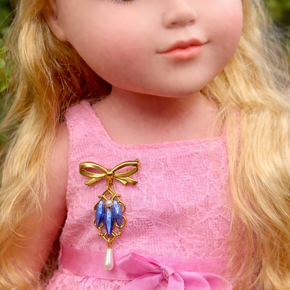 Gold Tone Pin Blue Rhinestone and Pearl Dangle Accent • Doll Brooch