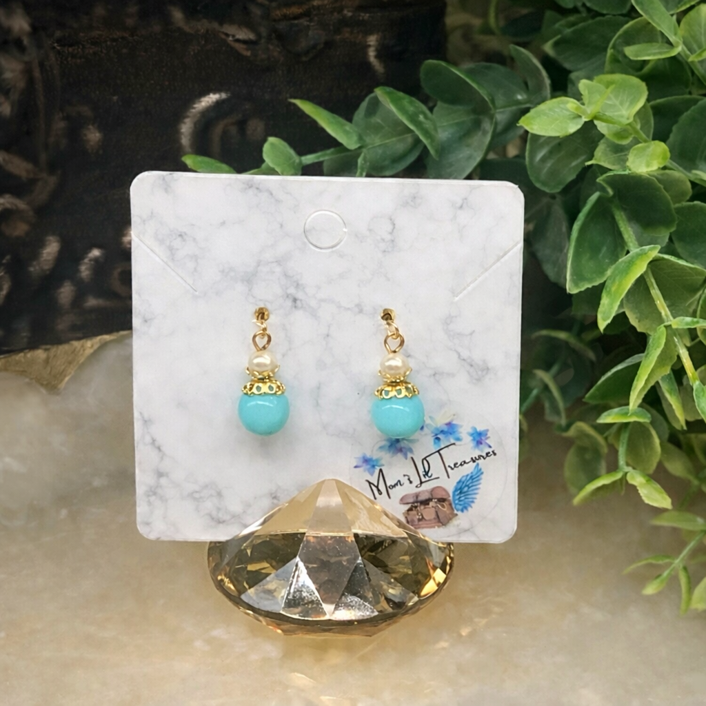 Turquoise Blue Glass Pearl Gold Tone Doll Earrings • 18” Fashion Doll Jewelry