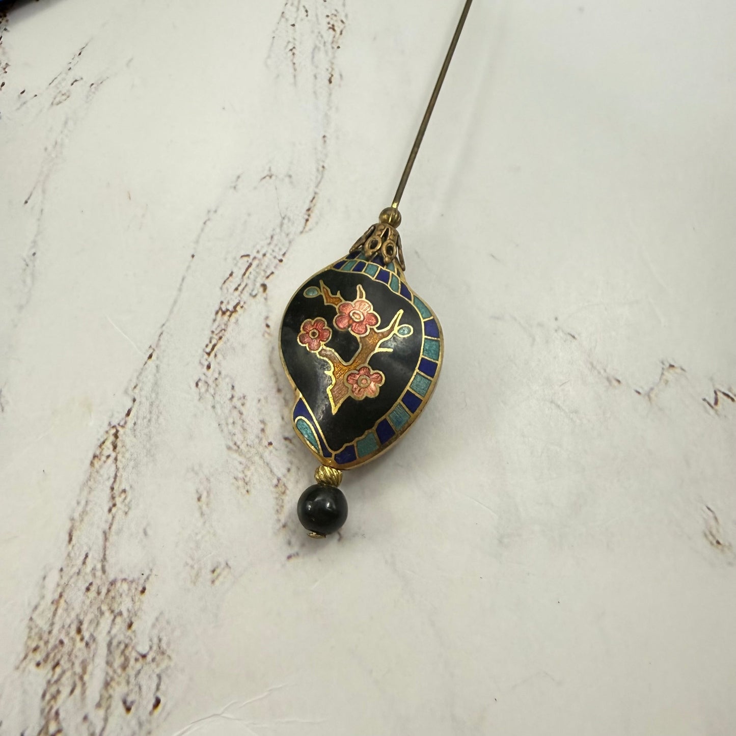 Black Shell Shape Cloisonné Cherry Blossom Branch Design Hatpin - 6 Inch